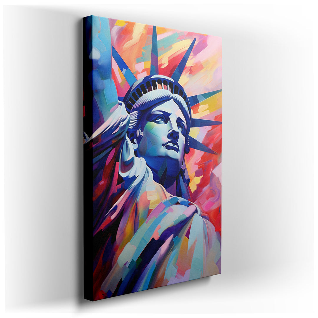 canvas print on wrapped canvas for wall decor – This wall art is a modern and vibrant interpretation of the iconic Statue of Liberty, transformed into a canvas that bur...