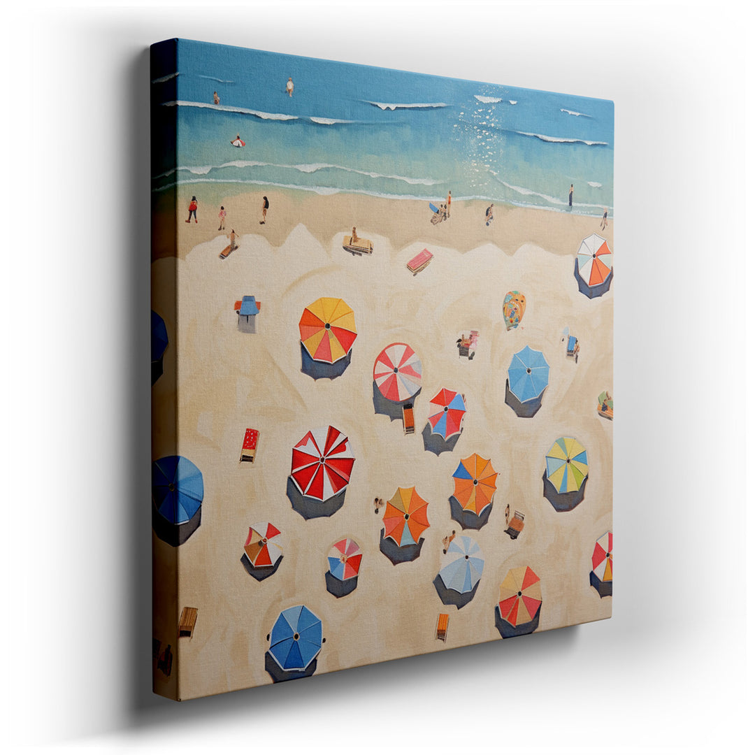 canvas print on wrapped canvas for wall decor – This wall art is a captivating portrayal of a bustling beach scene, alive with the vivid hues of summer and the joyful e...