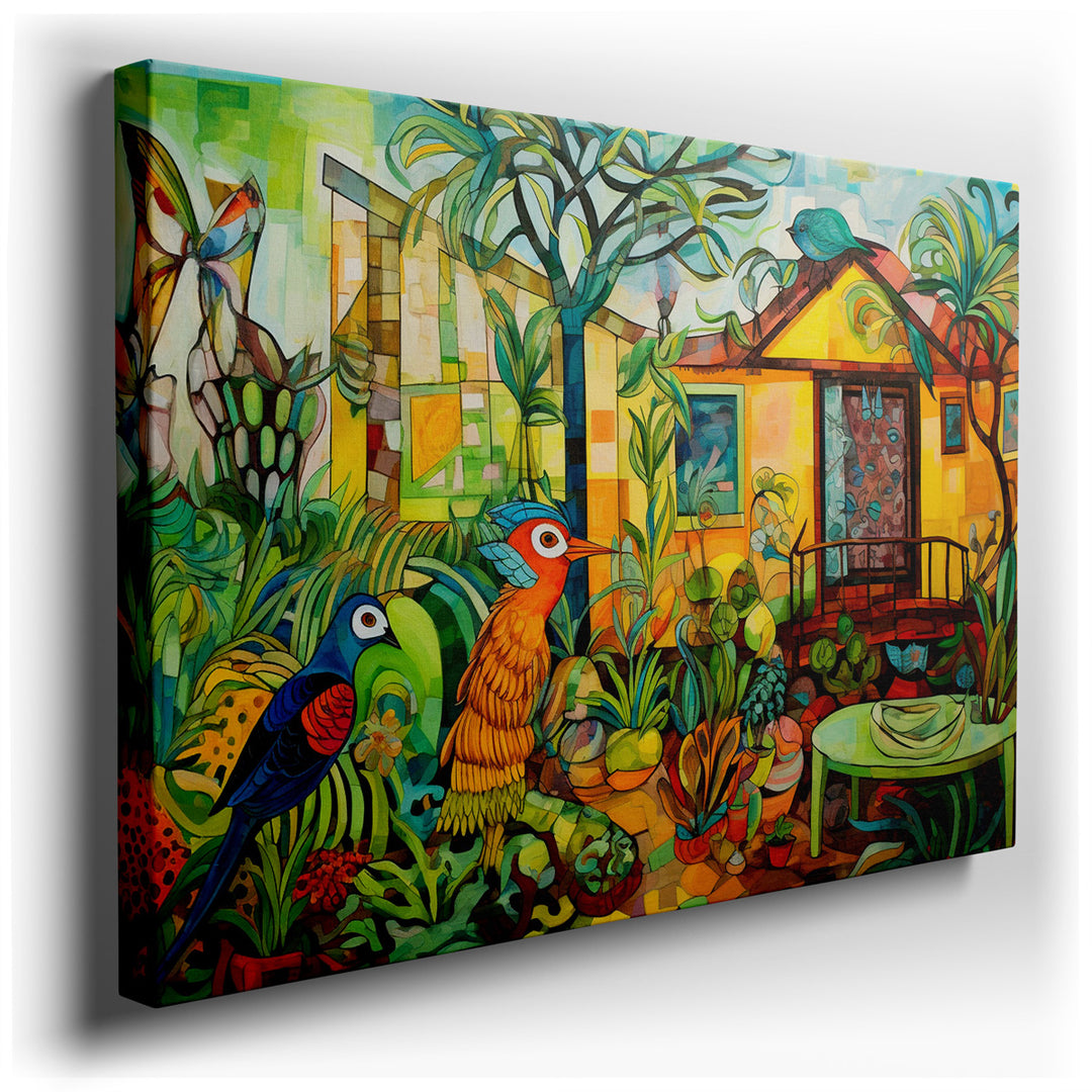 canvas print on wrapped canvas for wall decor – This enchanting wall art, a vivid portrayal of an abstract jungle scene, is a masterpiece that captures the essence of a...
