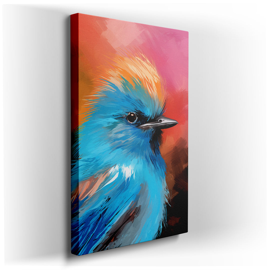 canvas print on wrapped canvas for wall decor – This exquisite wall art captures the essence of a vibrant blue bird adorned with a striking orange crest, set against a...