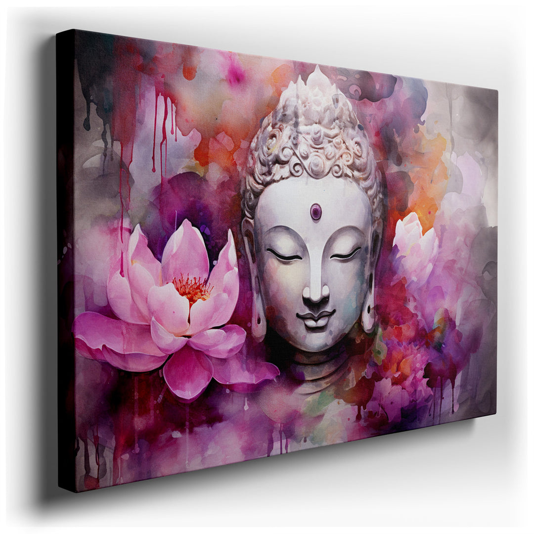 canvas print on wrapped canvas for wall decor – This exquisite wall art, a vibrant portrait of Buddha surrounded by lotus flowers and a burst of colorful blossoms, is a...