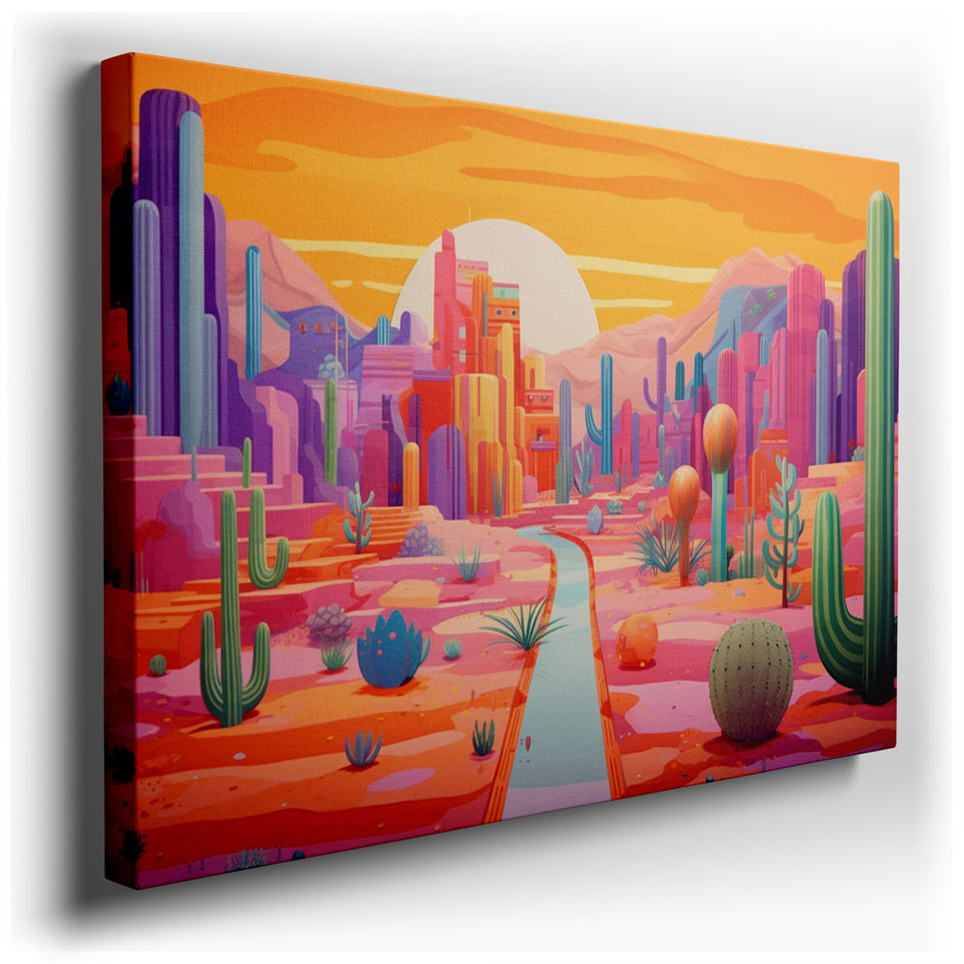 canvas print on wrapped canvas for wall decor – Imagine stepping into a room where the walls come alive with the vibrant hues of a desert cityscape, a wall art that cap...