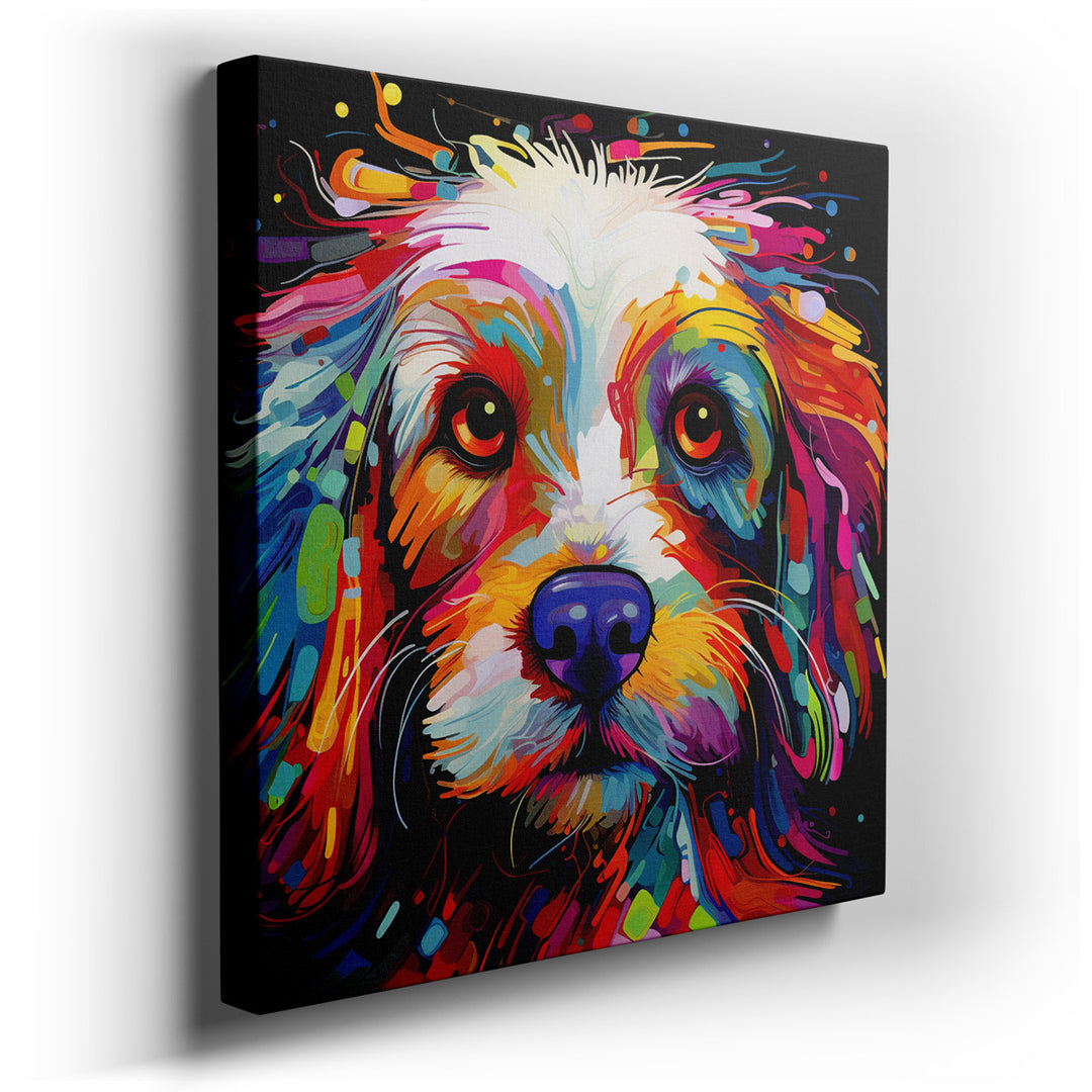 canvas print on wrapped canvas for wall decor – This wall art, a vibrant and expressive portrait of a dog, is a masterpiece that captures the essence of its subject wit...