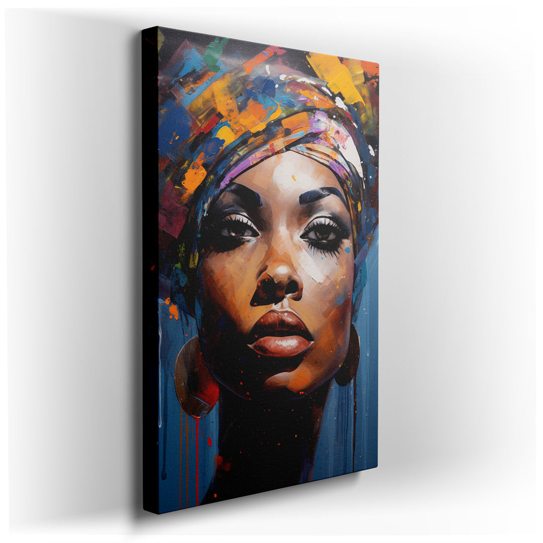 canvas print on wrapped canvas for wall decor – This captivating wall art portrays a woman whose presence is both commanding and serene, her gaze direct and filled with...