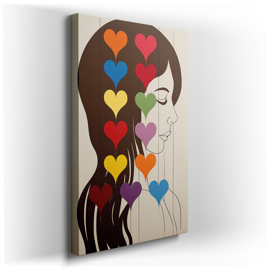 canvas print on wrapped canvas for wall decor – This captivating wall art presents a side profile of a woman's face, intricately adorned with an array of colorful heart...