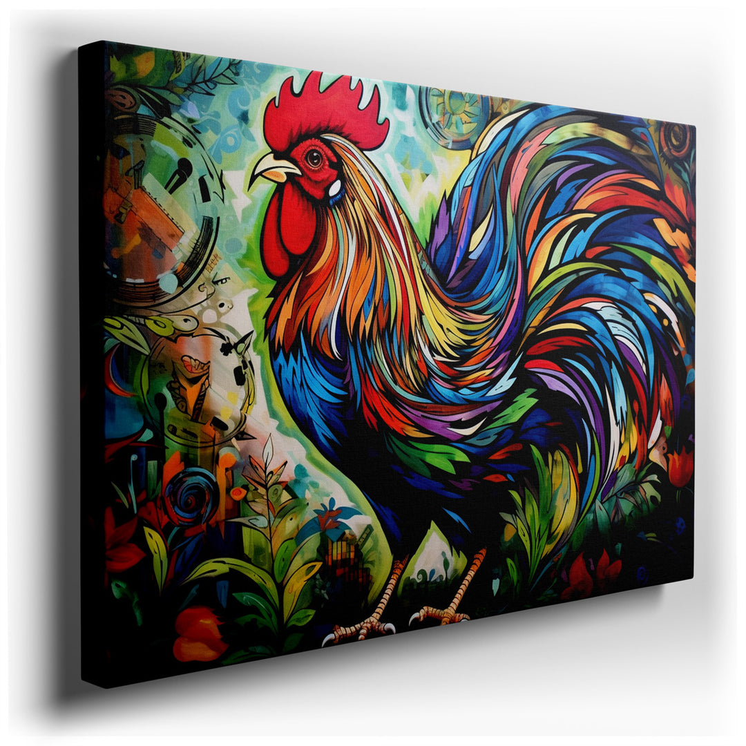 canvas print on wrapped canvas for wall decor – This exquisite wall art captures the essence of a majestic rooster, rendered in a palette of vibrant colors and intricat...