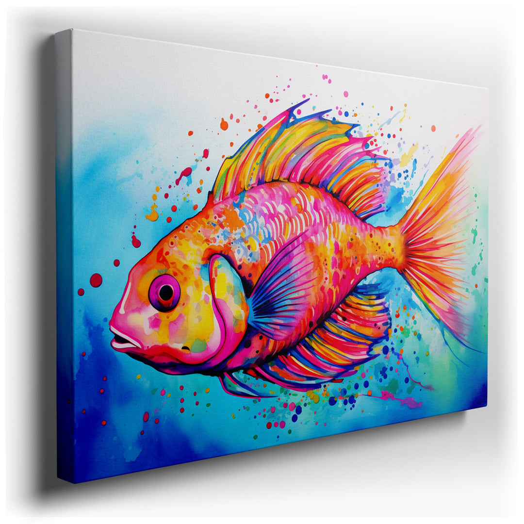 canvas print on wrapped canvas for wall decor – This enchanting wall art captures the essence of aquatic vitality through the depiction of a lively fish, swimming with...