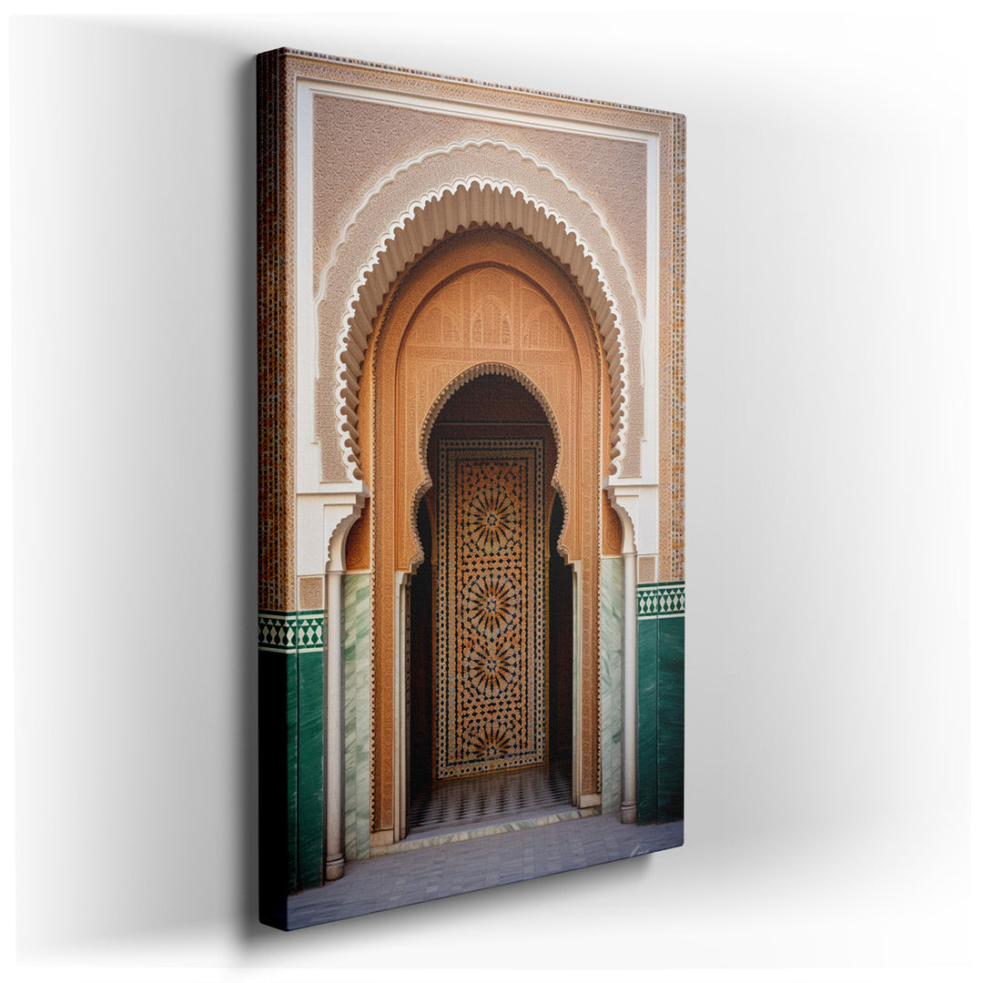 canvas print on wrapped canvas for wall decor – This wall art captures the essence of Moroccan architecture with its depiction of an intricately designed archway, a hal...