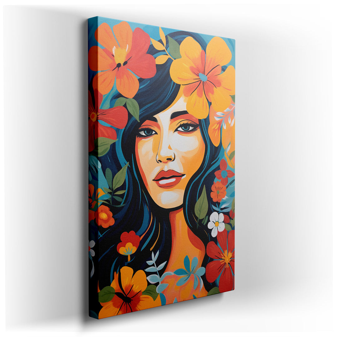 canvas print on wrapped canvas for wall decor – This wall art captures a vivid and compelling portrait of a woman, distinguished by her colorful paint-dripped boots, se...