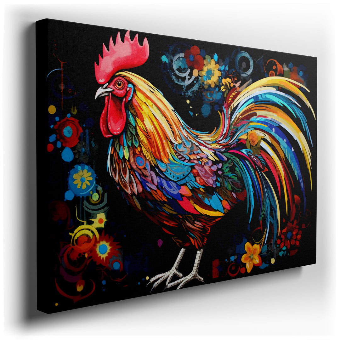 canvas print on wrapped canvas for wall decor – This enchanting wall art of a playful rooster is a masterpiece of vibrant colors and intricate designs that celebrate th...