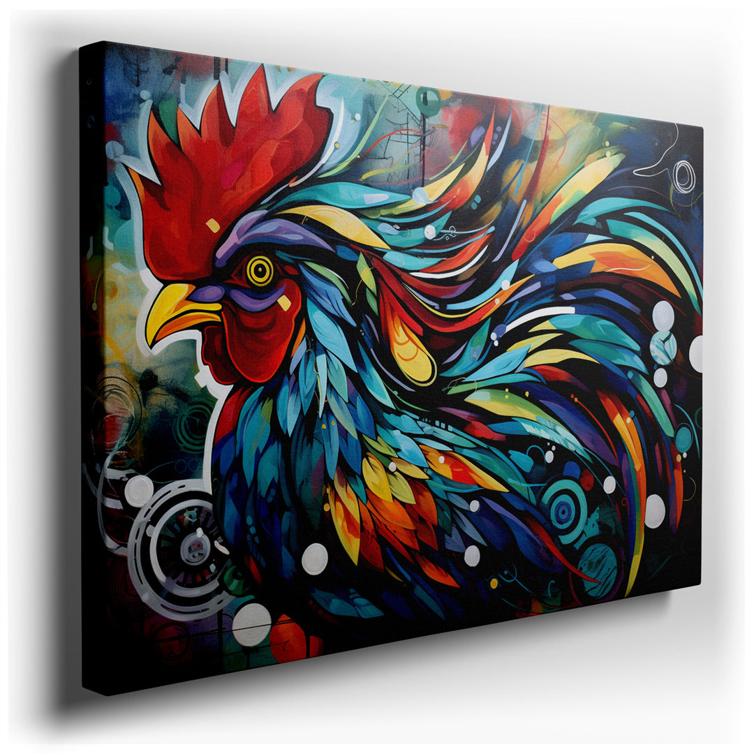canvas print on wrapped canvas for wall decor – This exquisite wall art of a rooster is a masterful celebration of nature's vibrancy and the spirited essence of one of...