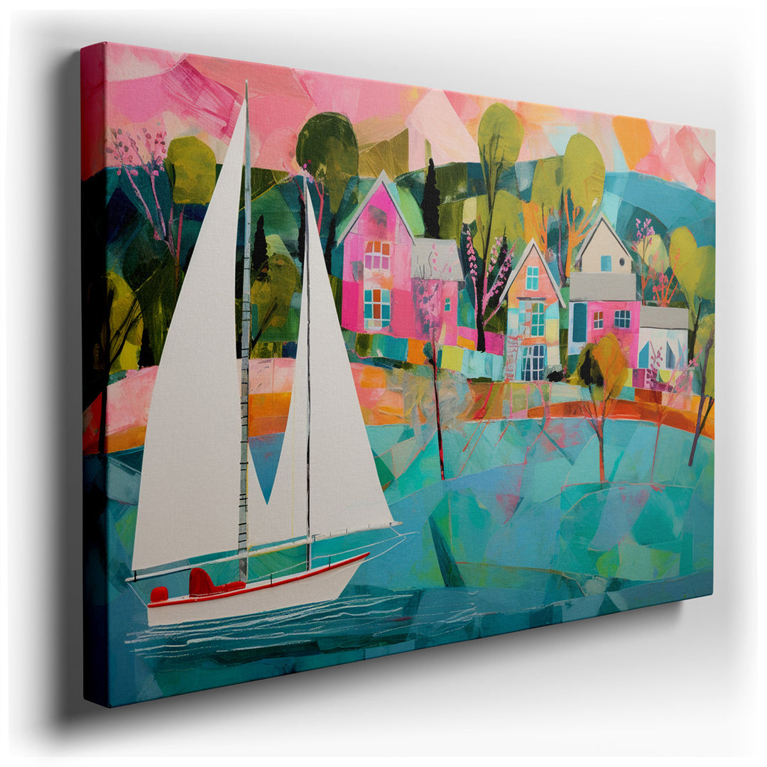 canvas print on wrapped canvas for wall decor – This vibrant abstract wall art captures the essence of a colorful sailing boat as it gracefully navigates through the bu...