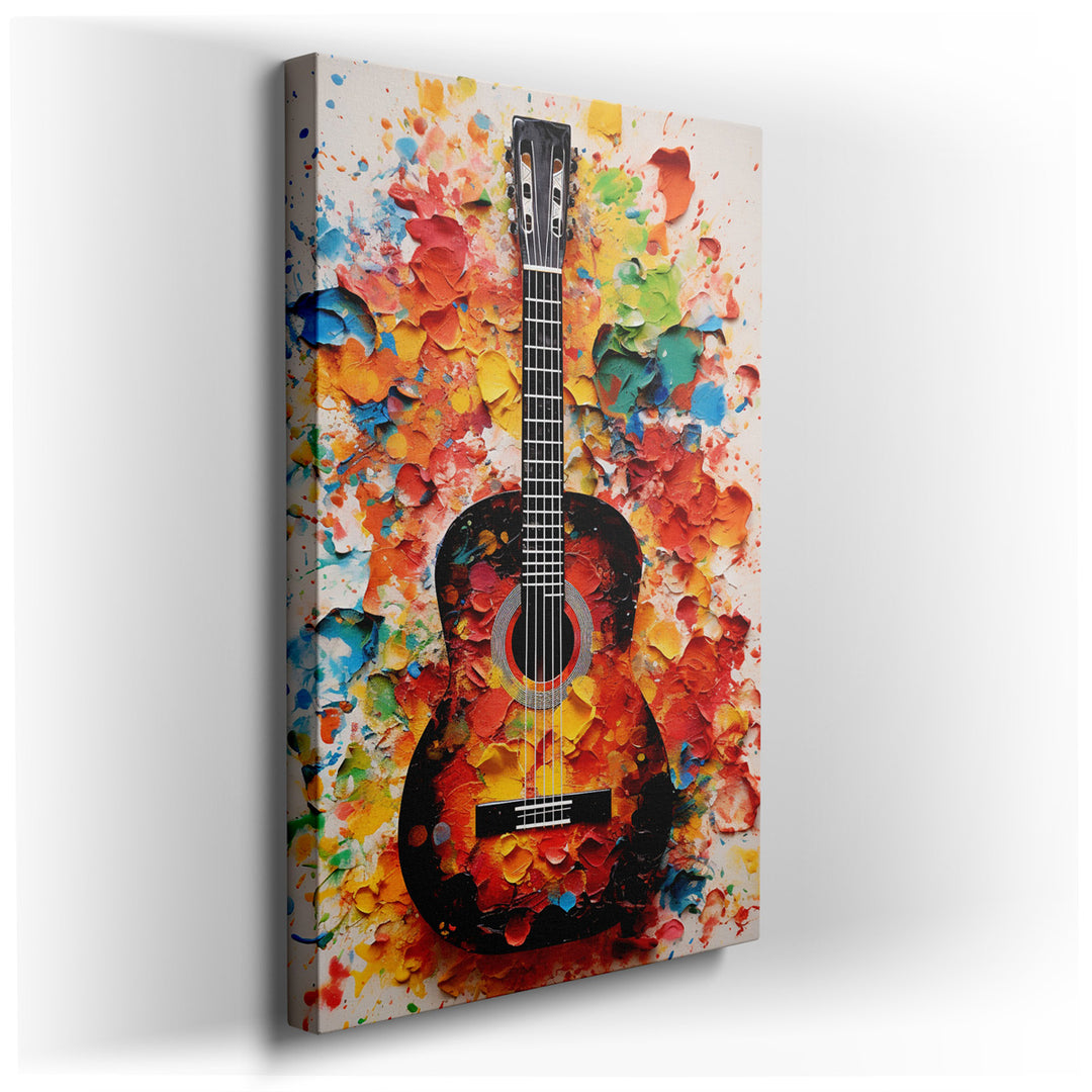 canvas print on wrapped canvas for wall decor – This wall art is a captivating celebration of music and color, featuring an acoustic guitar at its center, enveloped by...