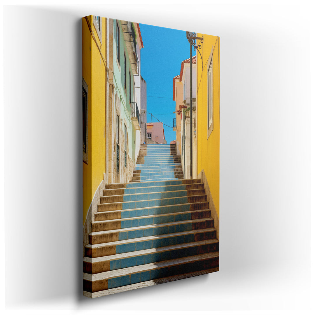 canvas print on wrapped canvas for wall decor – This wall art offers a vibrant and picturesque portrayal of a charming stairway ascending through a quaint alley, flanke...