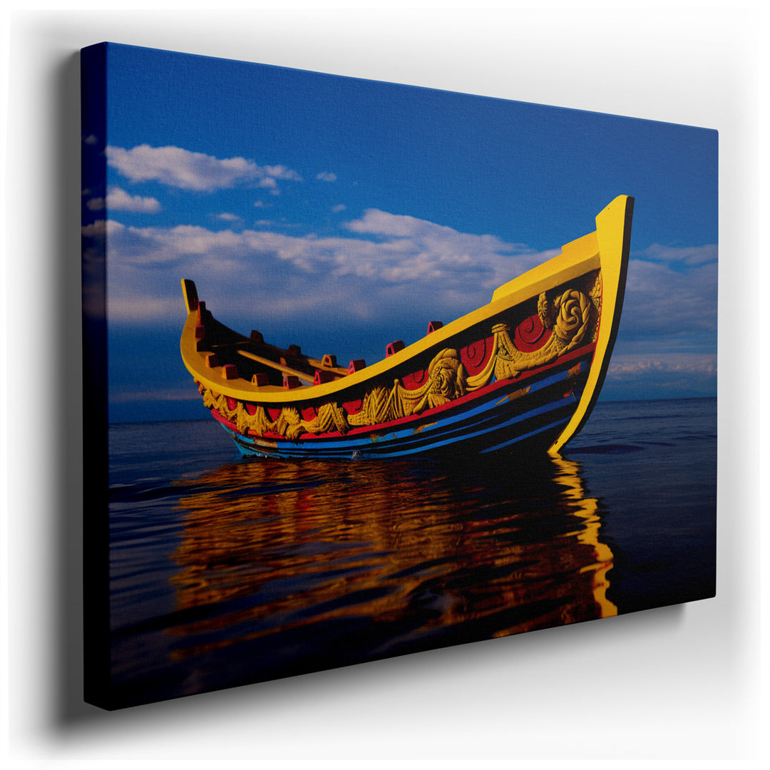 canvas print on wrapped canvas for wall decor – This wall art captures the serene beauty of a traditional fishing boat, meticulously crafted and painted in vibrant colo...