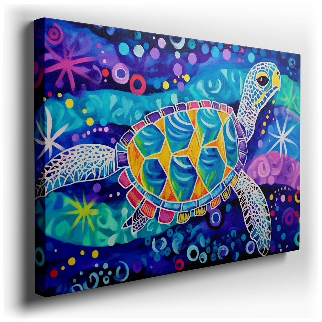 canvas print on wrapped canvas for wall decor – This enchanting wall art captures the serene and majestic presence of a colorful turtle gliding through the depths of a...