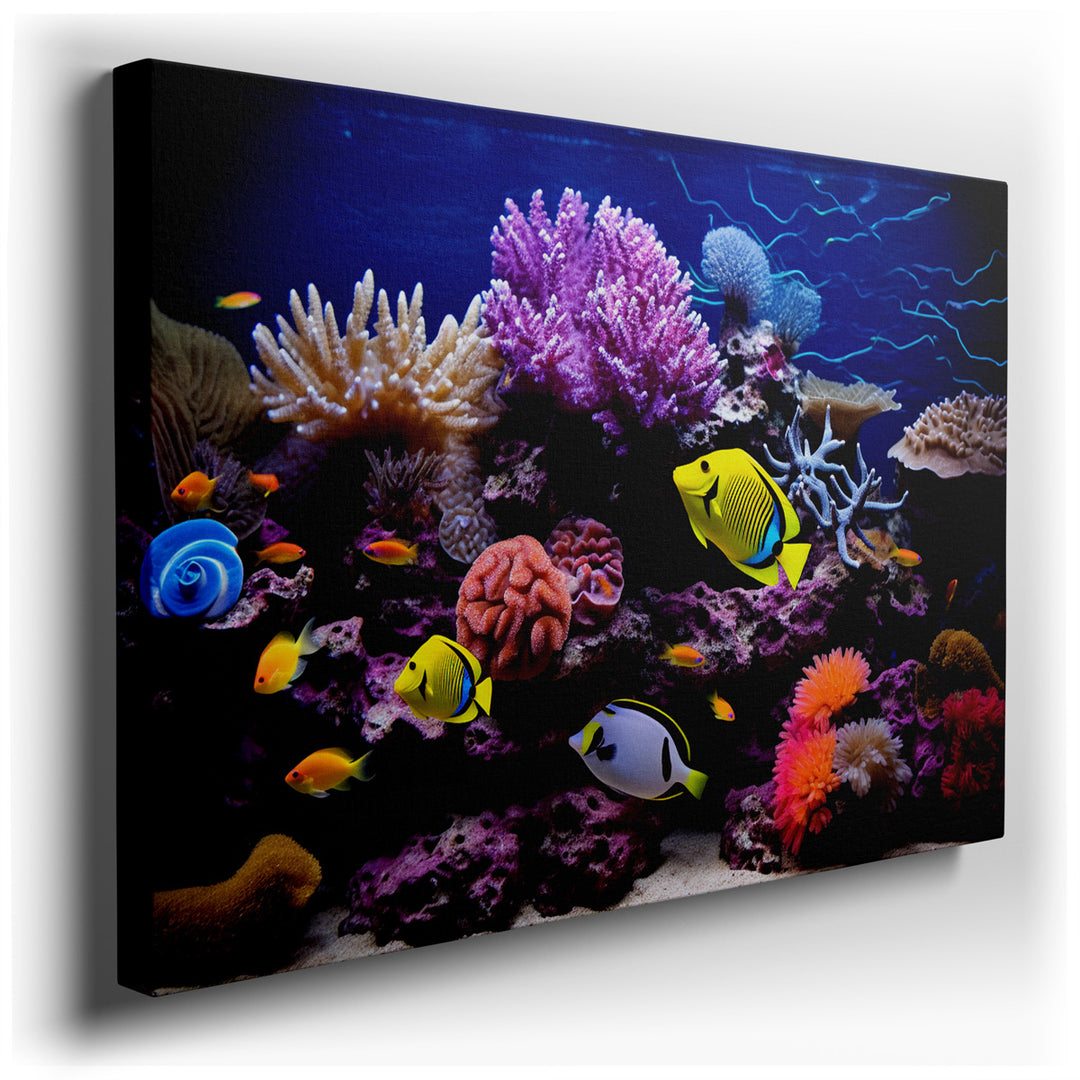 canvas print on wrapped canvas for wall decor – This exquisite wall art, a mesmerizing underwater scene, vividly captures the essence of a vibrant coral reef teeming wi...