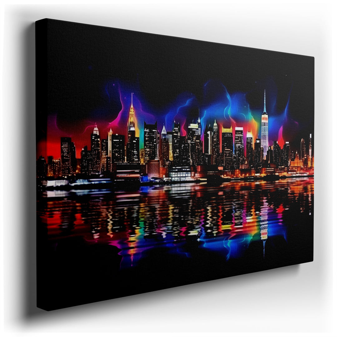 canvas print on wrapped canvas for wall decor – This wall art captures the essence of a bustling cityscape at night, where the skyline is alive with the glow of myriad...