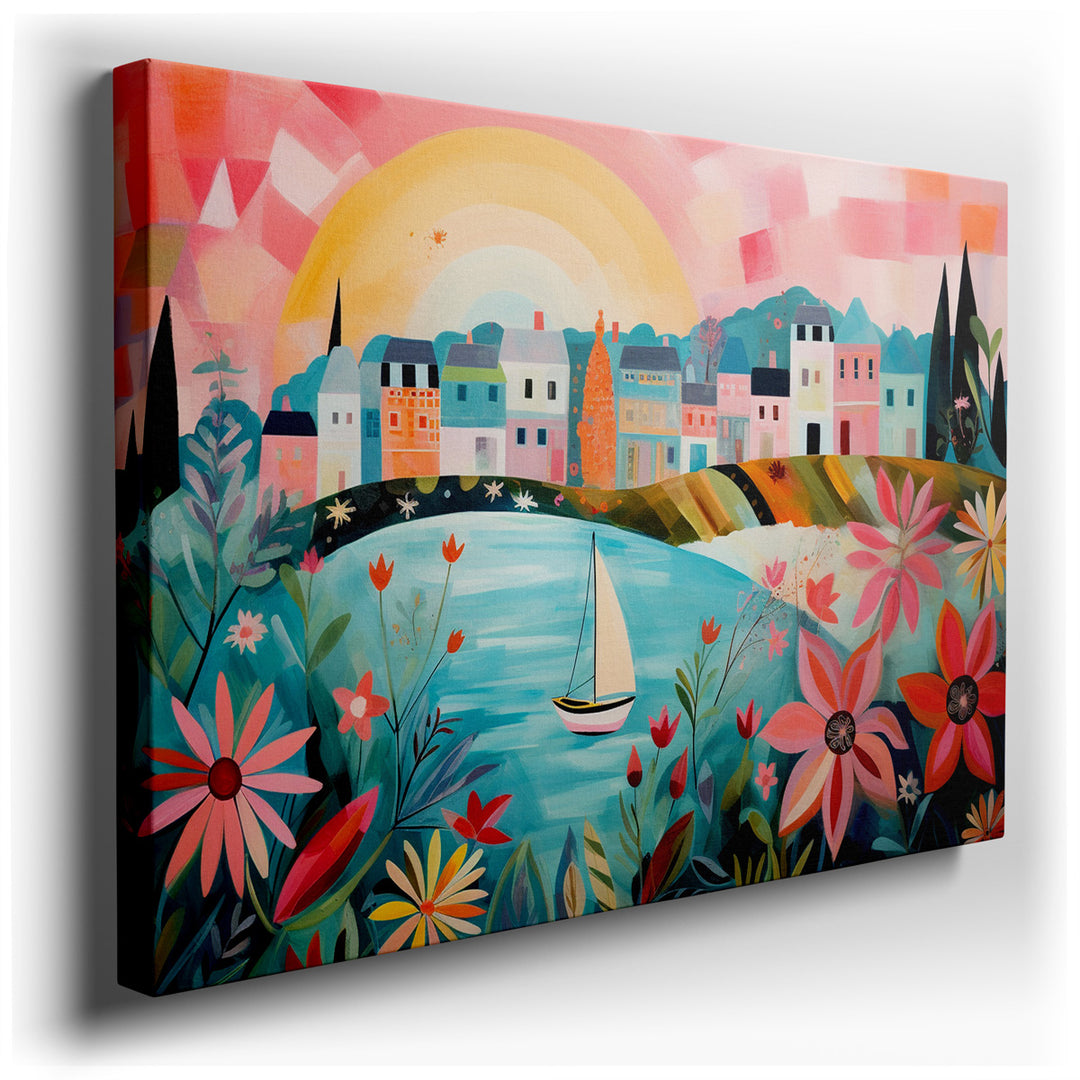 canvas print on wrapped canvas for wall decor – This enchanting wall art captures the essence of a vibrant village scene, bustling with life and color, yet exuding a tr...