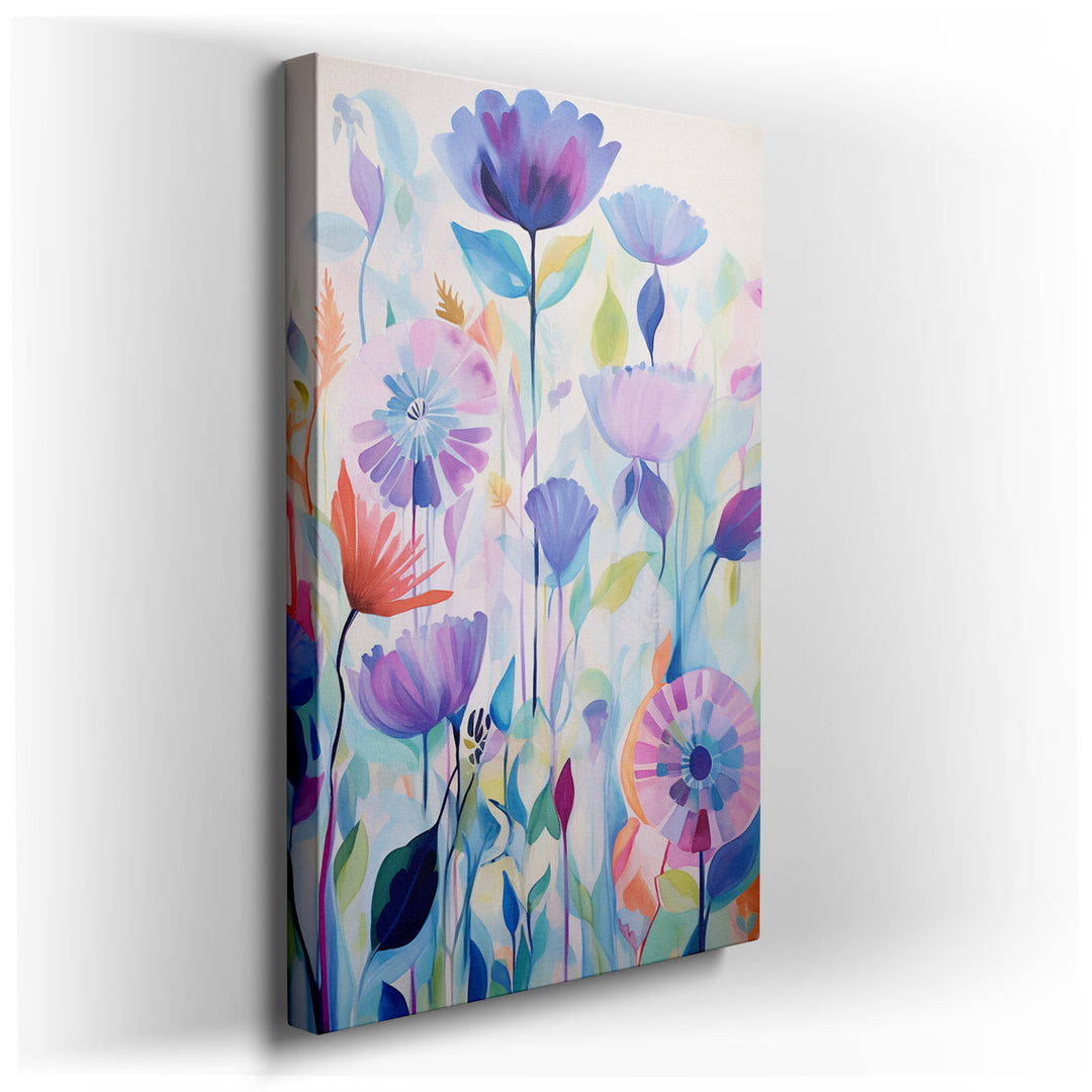 canvas print on wrapped canvas for wall decor – This enchanting wall art, a masterful composition of vibrant colorful flowers rendered in a gentle watercolor style, is...