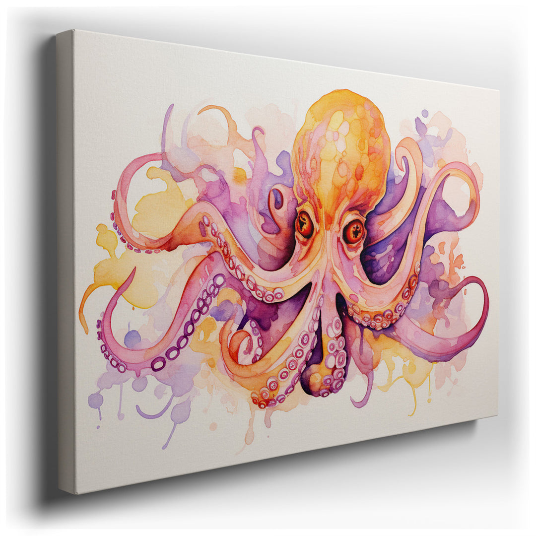 canvas print on wrapped canvas for wall decor – This wall art, a masterful watercolor depiction of an octopus, is a vivid celebration of both the marine subject it port...