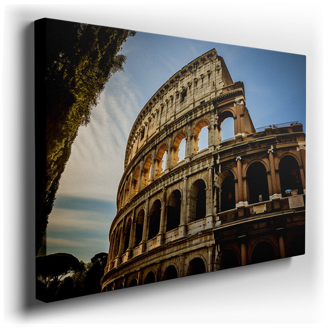 canvas print on wrapped canvas for wall decor – This wall art captures a breathtaking daytime scene of the Colosseum, one of the world's most iconic historical landmark...