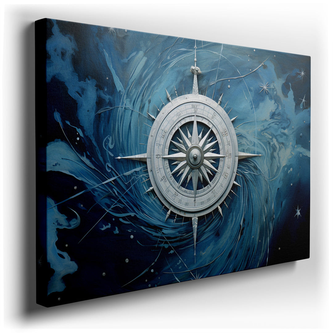 canvas print on wrapped canvas for wall decor – This wall art, a captivating masterpiece, features an intricate compass design at its core, surrounded by vibrant oceani...
