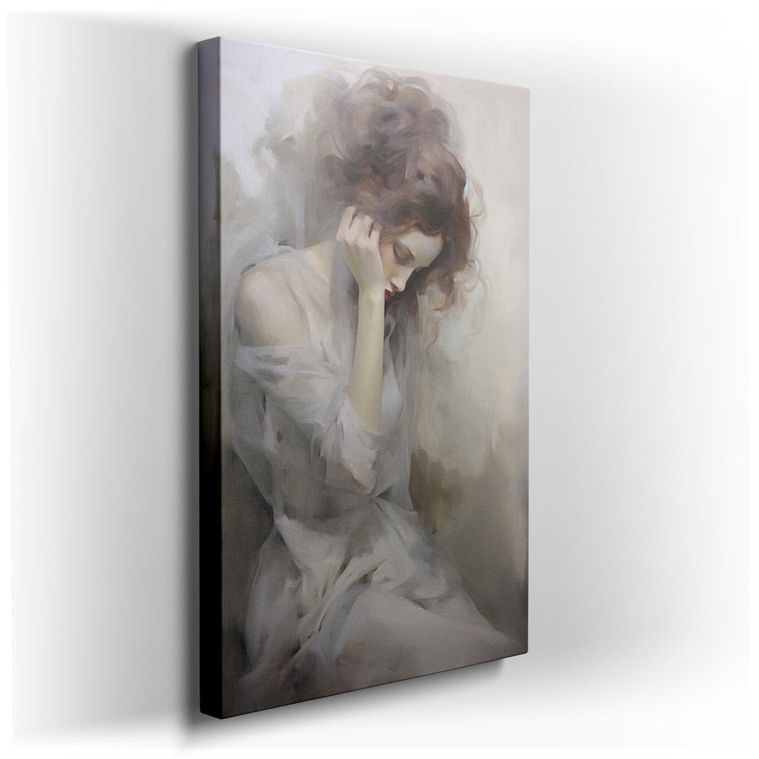 canvas print on wrapped canvas for wall decor – This wall art, a mesmerizing portrait of a contemplative woman, is an exquisite representation of modern art that delves...