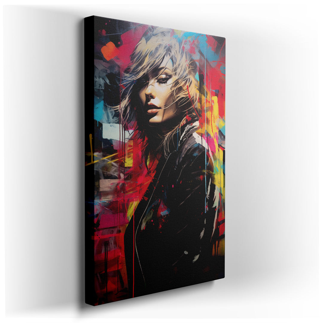 canvas print on wrapped canvas for wall decor – This wall art is a mesmerizing portrait of a modern woman, whose presence is boldly defined amidst a backdrop that burst...