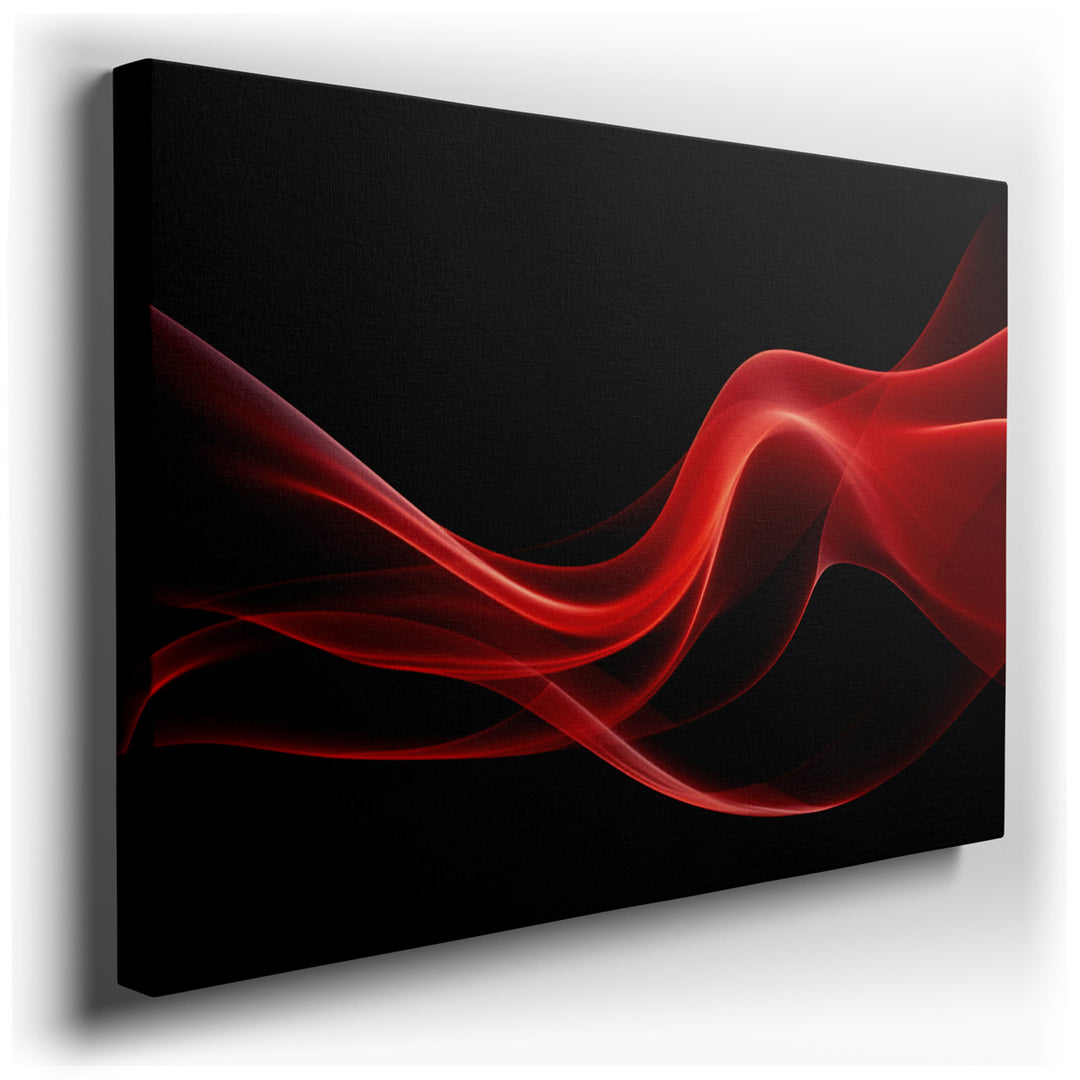 canvas print on wrapped canvas for wall decor – This minimalist artwork, characterized by its smooth red waves flowing gracefully across a deep black background, is a s...