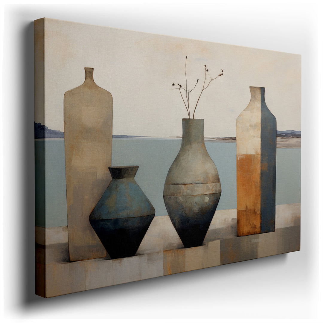 canvas print on wrapped canvas for wall decor – This exquisite wall art captures the essence of modern still life with a series of vases, each boasting unique designs a...