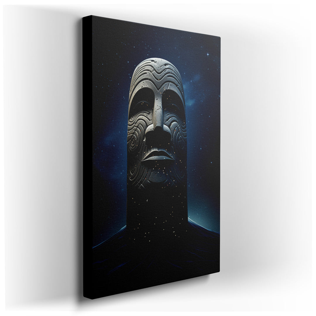 canvas print on wrapped canvas for wall decor – Imagine a wall art that captures the essence of a sculpture standing majestically against a cosmic tapestry, where the i...