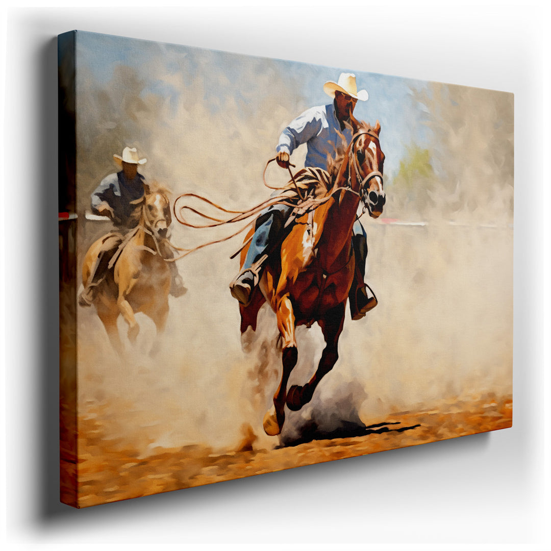 canvas print on wrapped canvas for wall decor – This wall art vividly encapsulates the dynamic essence of a rodeo, portraying a skilled cowboy in the midst of a thrilli...
