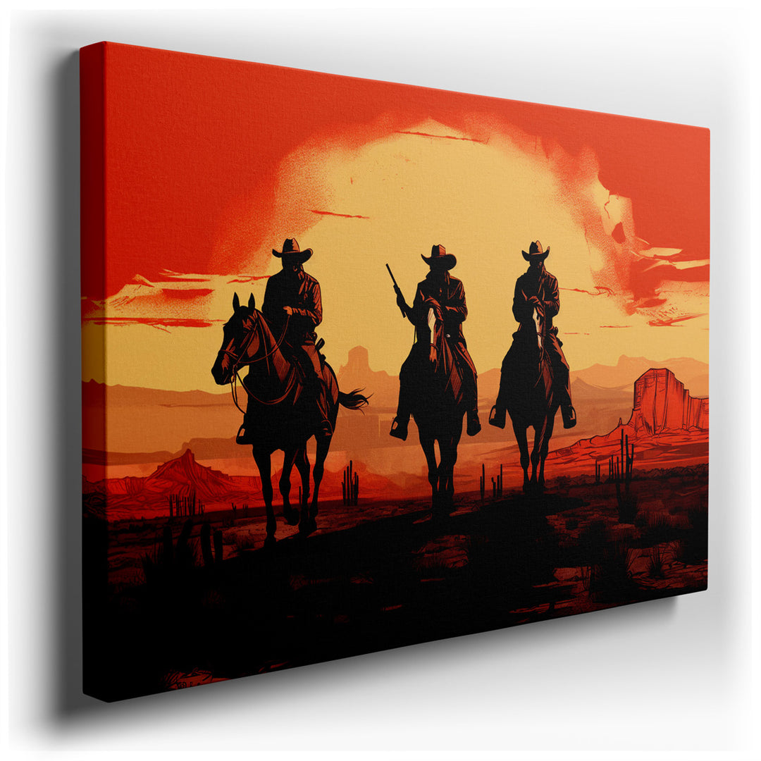 canvas print on wrapped canvas for wall decor – This wall art, a vivid portrayal of cowboys on horseback silhouetted against a breathtaking desert sunset, encapsulates...