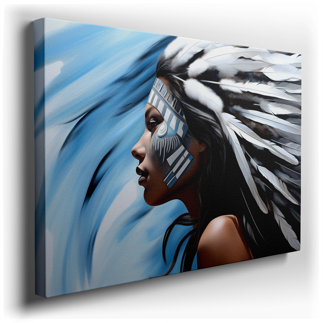 canvas print on wrapped canvas for wall decor – This captivating wall art portrays a woman adorned with a tribal headdress, a symbol deeply rooted in cultural heritage...