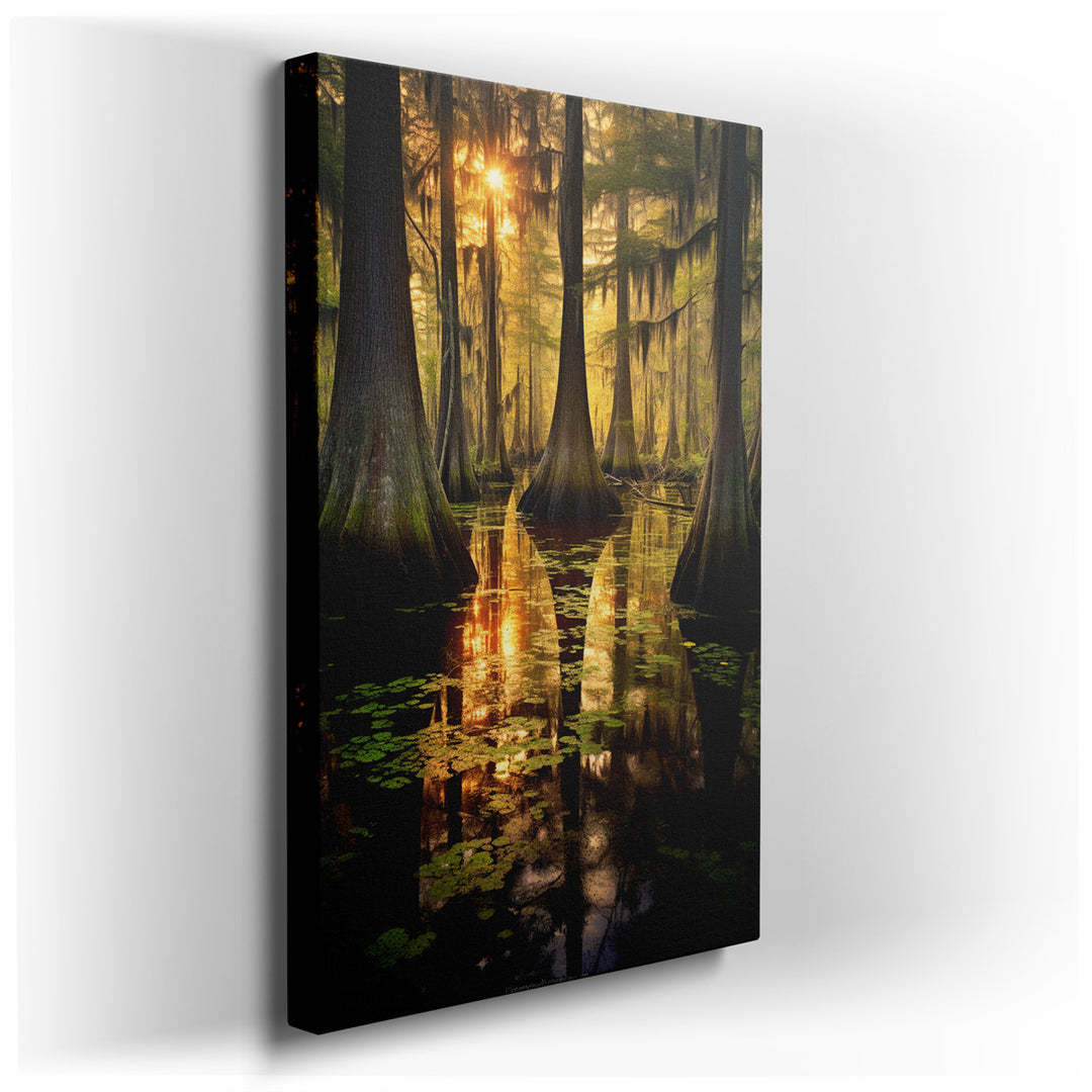 canvas print on wrapped canvas for wall decor – This exquisite wall art portrays the serene allure of a cypress swamp bathed in the warm glow of a setting sun. The artw...