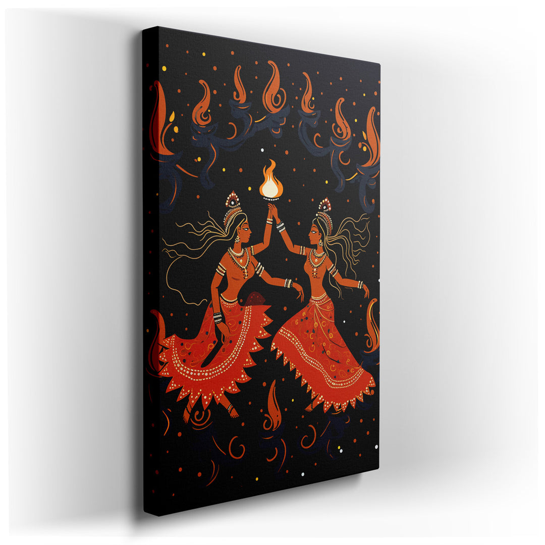 canvas print on wrapped canvas for wall decor – This captivating wall art portrays two dancers, each adorned in traditional attire, their figures gracefully poised agai...