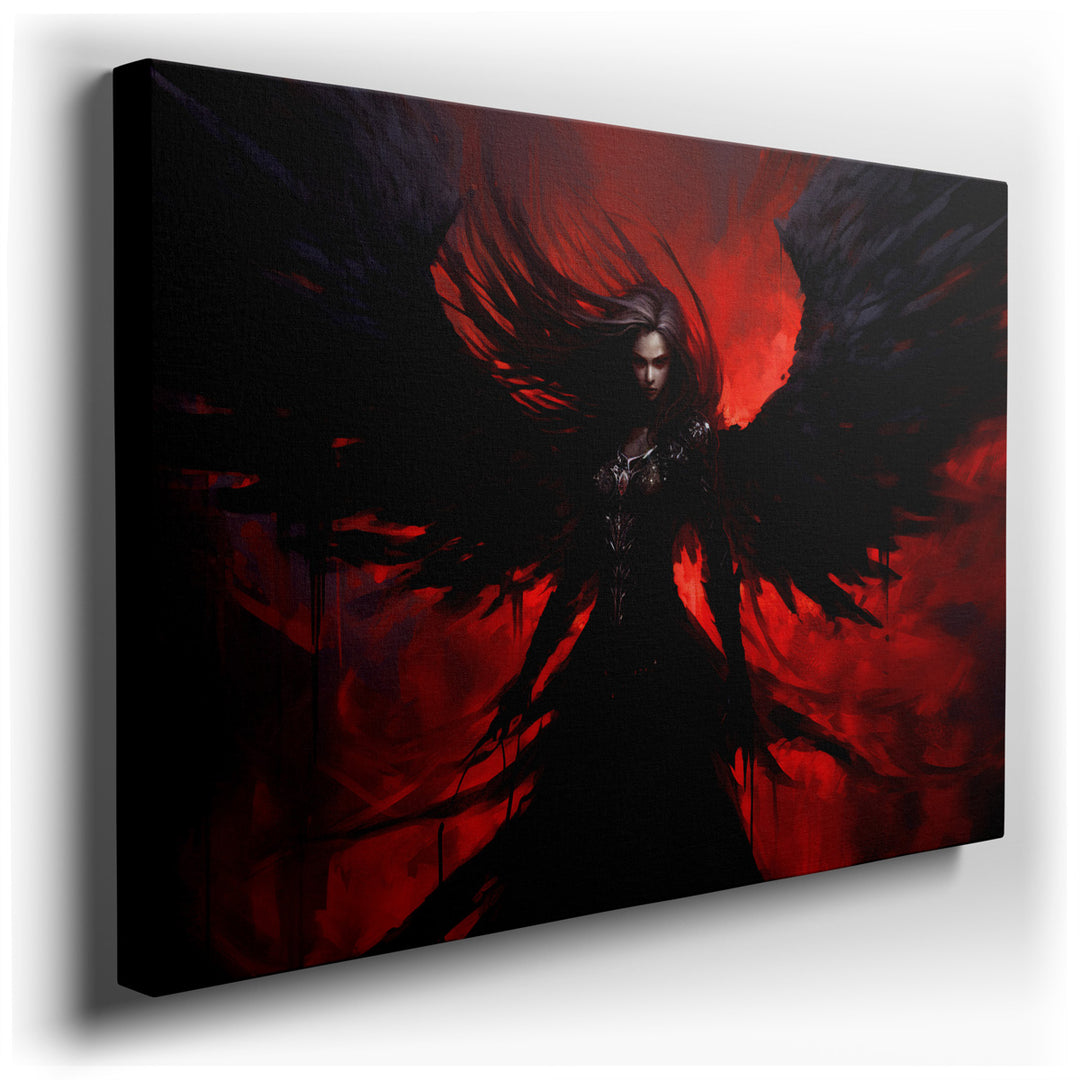 canvas print on wrapped canvas for wall decor – This mesmerizing wall art captures the essence of a dark angel, a figure both awe-inspiring and enigmatic, portrayed wit...