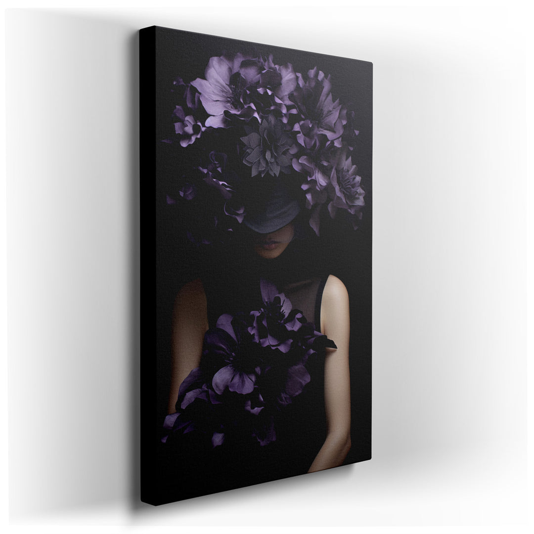 canvas print on wrapped canvas for wall decor – This captivating wall art, a masterful blend of fashion and nature, presents a model enveloped by a sumptuous arrangemen...