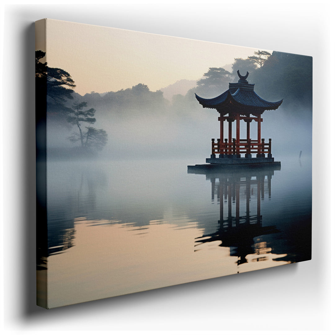 canvas print on wrapped canvas for wall decor – The wall art depicts a stunning scene of a beautiful red pavilion, gracefully poised on the edge of serene, misty waters...