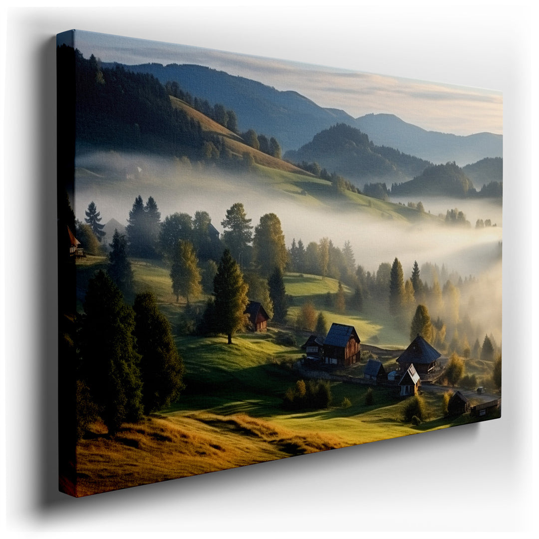 canvas print on wrapped canvas for wall decor – This wall art captures a breathtaking scene of a picturesque village nestled within mist-covered mountain valleys at the...