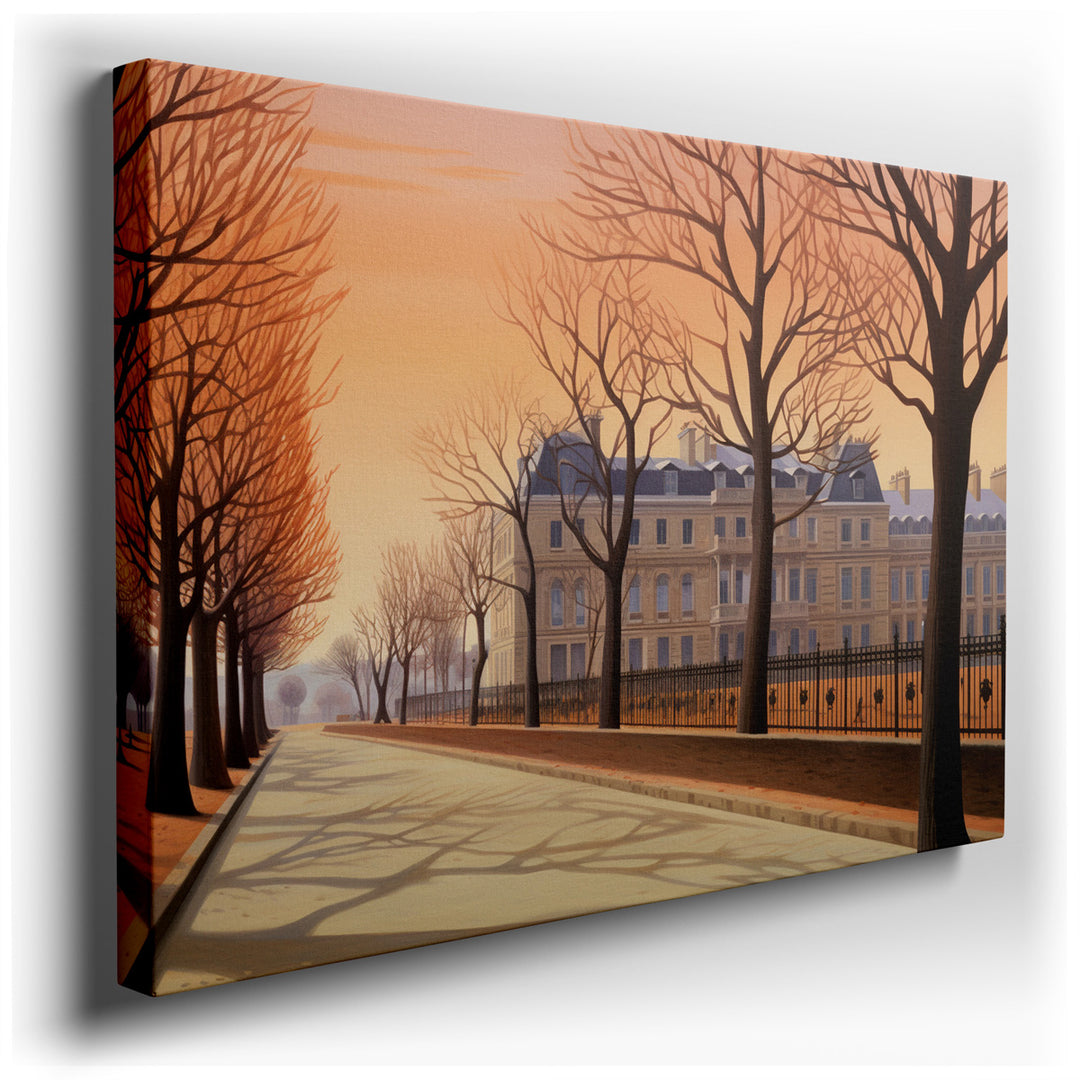 canvas print on wrapped canvas for wall decor – This enchanting wall art captures a tranquil tree-lined avenue in Paris during the early hours of dawn, presenting a sce...