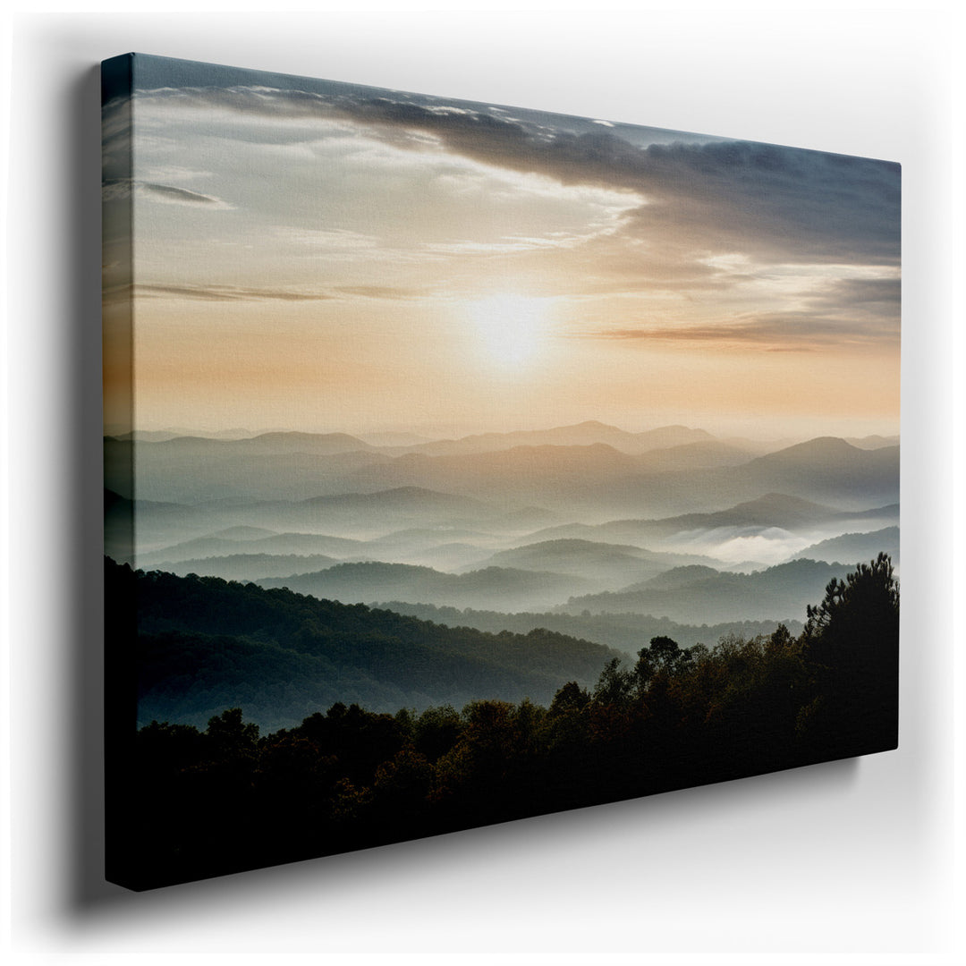 canvas print on wrapped canvas for wall decor – This captivating wall art masterfully portrays the ethereal beauty of dawn as it gently awakens over a landscape of roll...