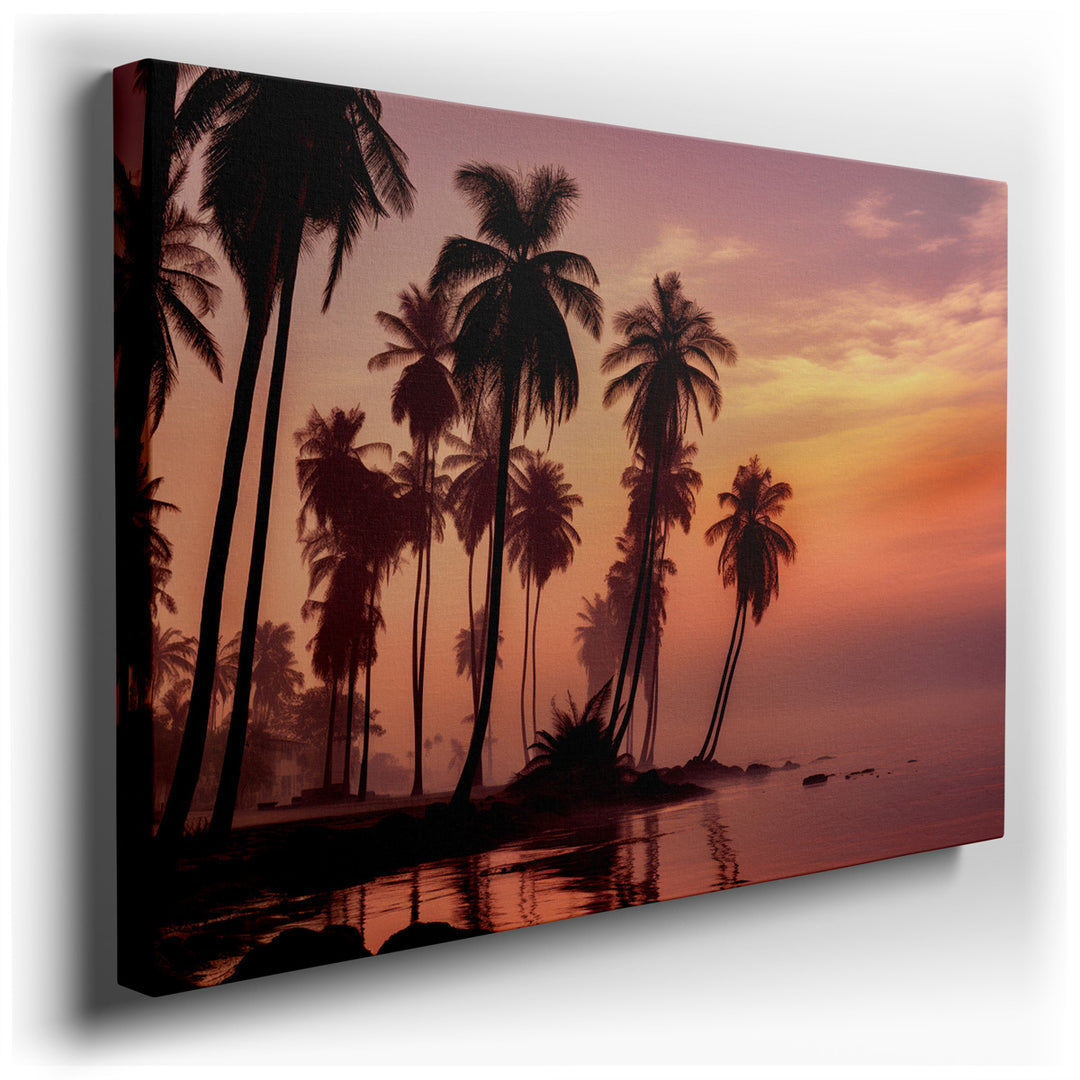 canvas print on wrapped canvas for wall decor – This enchanting wall art portrays the striking silhouette of palm trees, gracefully outlined against the vibrant canvas...