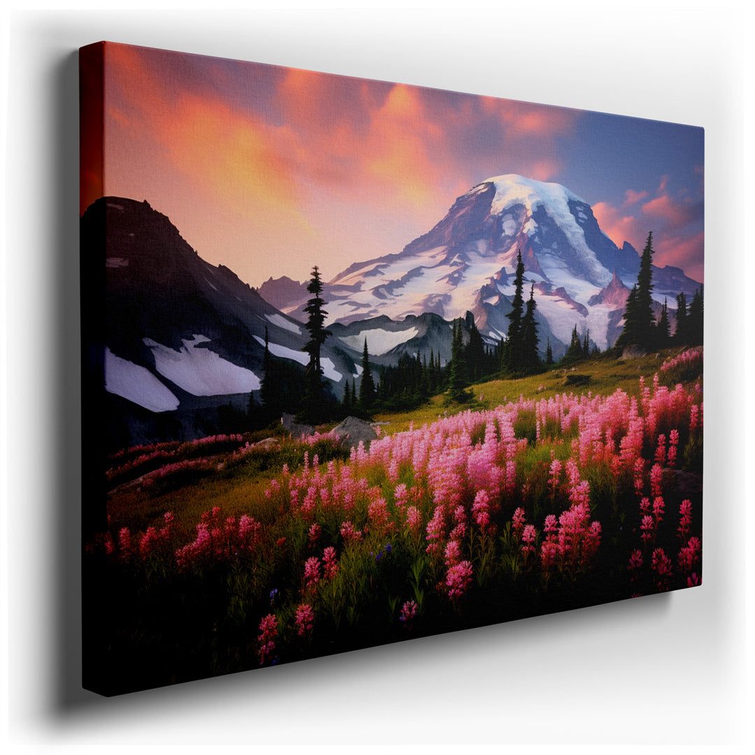 canvas print on wrapped canvas for wall decor – This wall art is a captivating portrayal of a mountain landscape, enveloped in the gentle light of dawn. The scene is se...