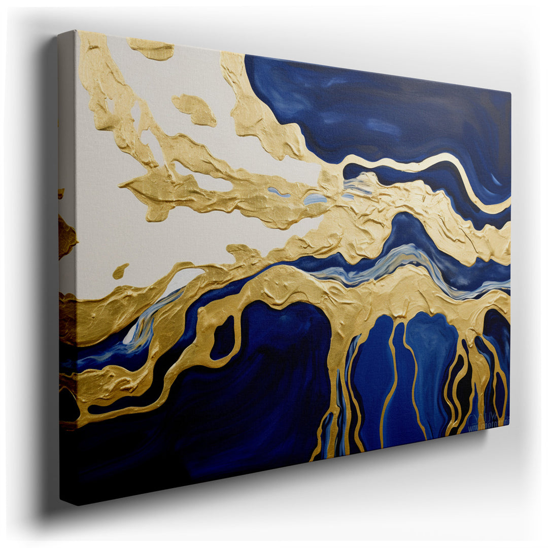canvas print on wrapped canvas for wall decor – This exquisite abstract wall art masterfully juxtaposes deep, resonant blues with the radiant luster of shimmering golds...