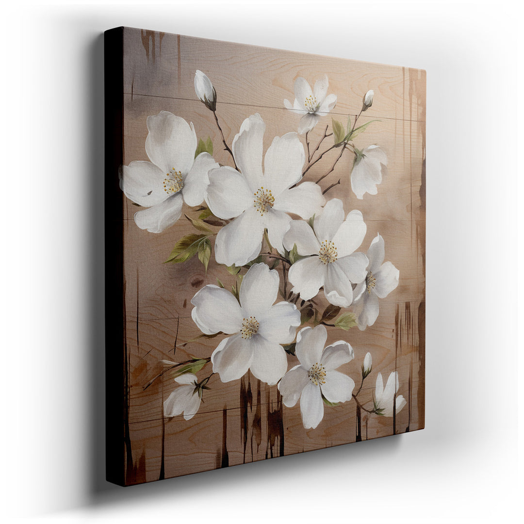 canvas print on wrapped canvas for wall decor – This exquisite wall art, a masterful depiction of delicate white flowers arranged on a rustic wooden board, is a celebra...