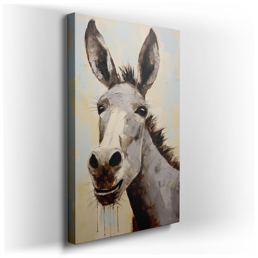 canvas print on wrapped canvas for wall decor – This enchanting portrait of a donkey, rendered with exquisite attention to detail and a palpable sense of affection, is...