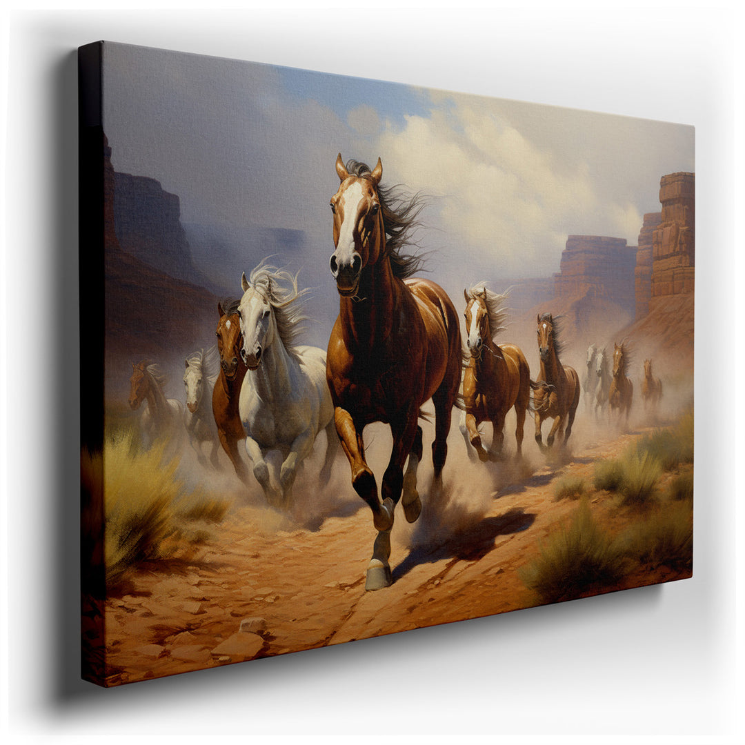 canvas print on wrapped canvas for wall decor – This wall art, a vivid and dynamic portrayal of a herd of wild horses galloping through a sprawling desert landscape, is...