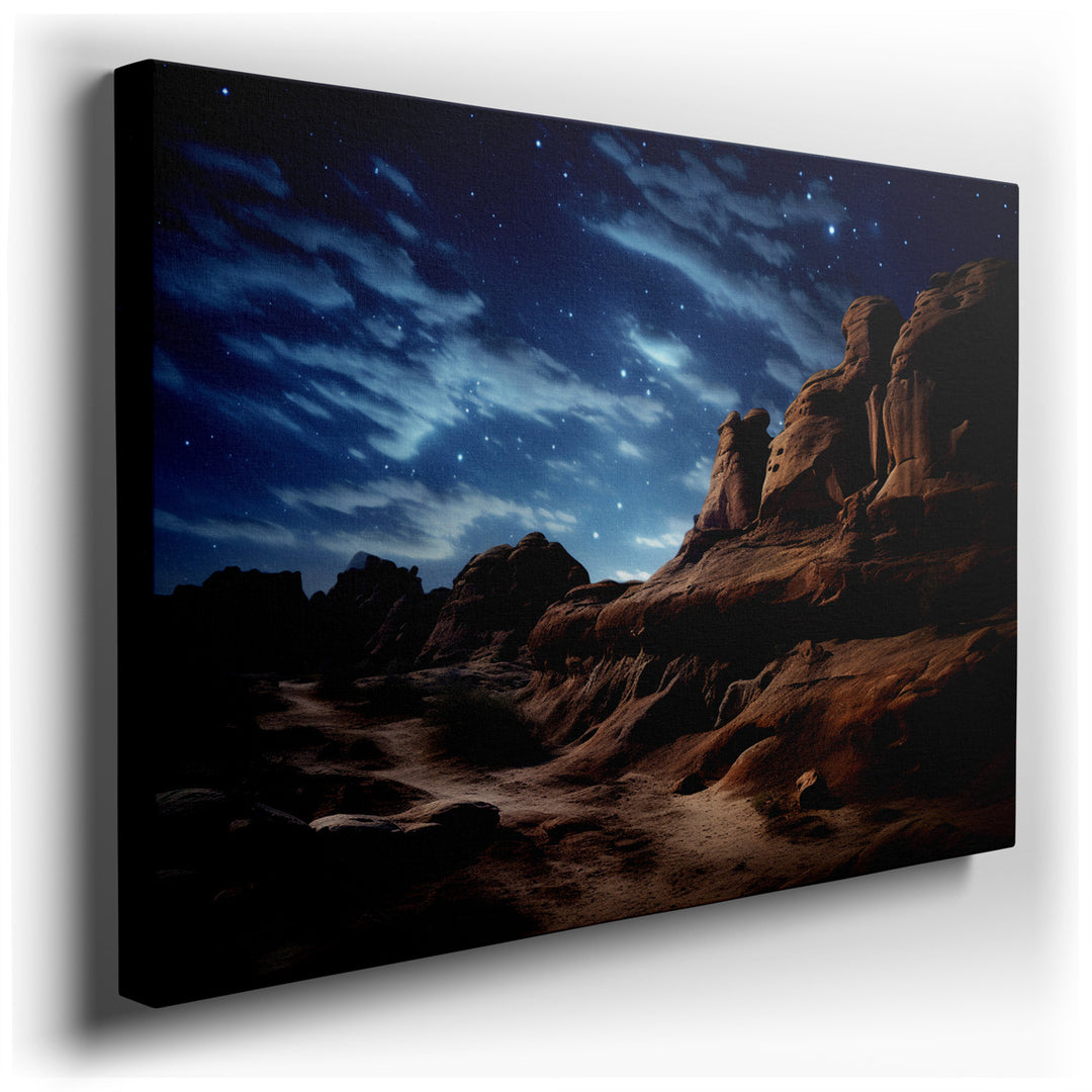 canvas print on wrapped canvas for wall decor – Imagine a wall art that captures the essence of a vast desert landscape under the enchantment of a starry night sky. Thi...